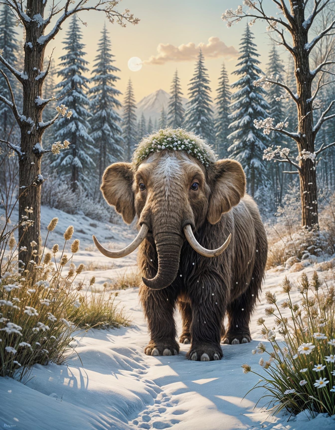 Cute Mammoth Cub in Snowy Meadow, Ghibli-Potter Style
