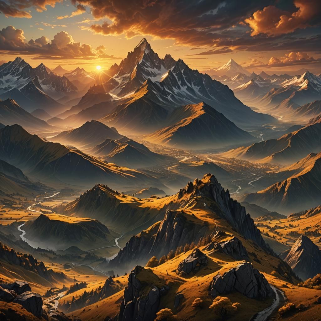 Golden Sunset over Mountainous Landscape: Digital Matte Pain...