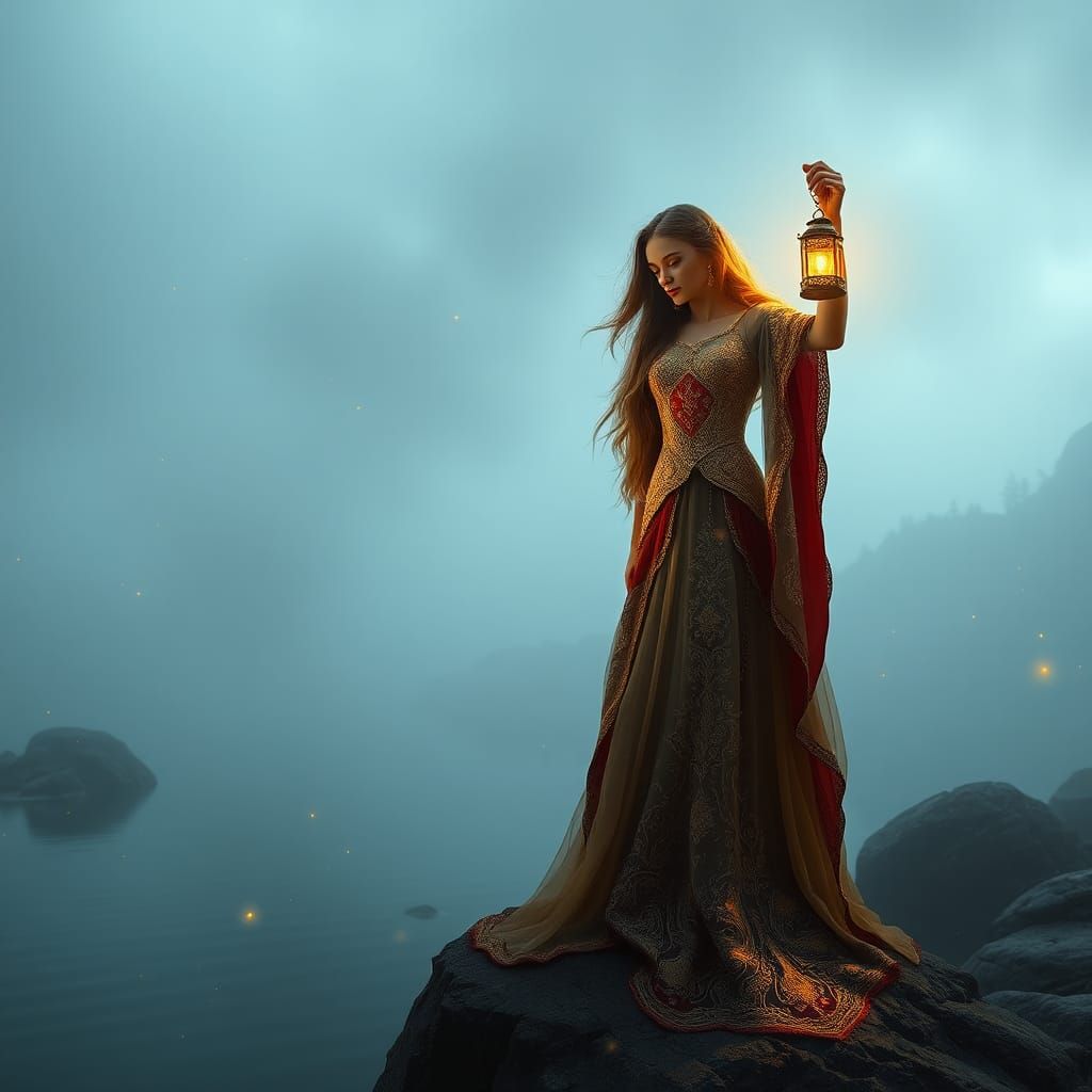 Hyperrealistic Priestess with Lantern by Lake