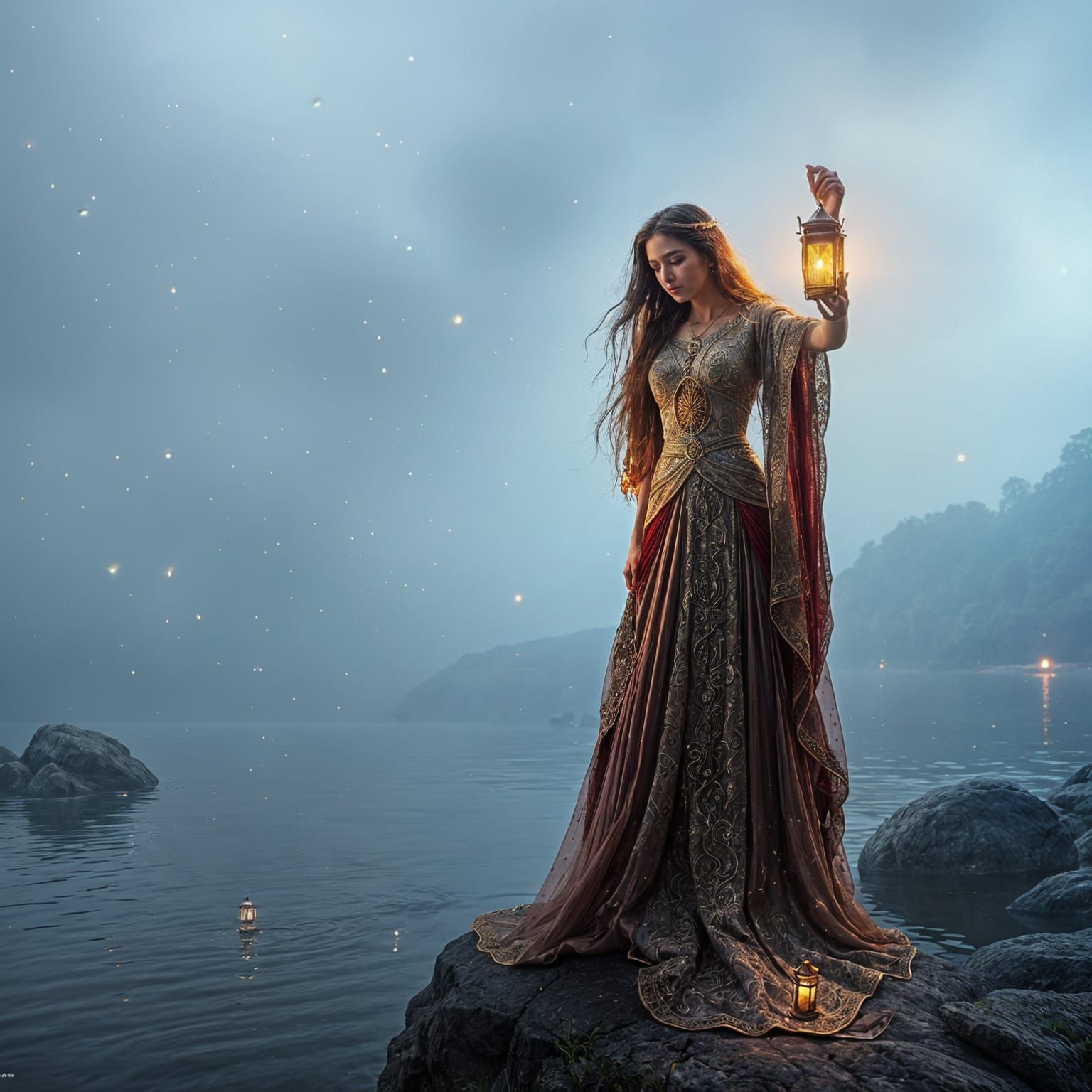 Priestess with Lantern by Misty Lake