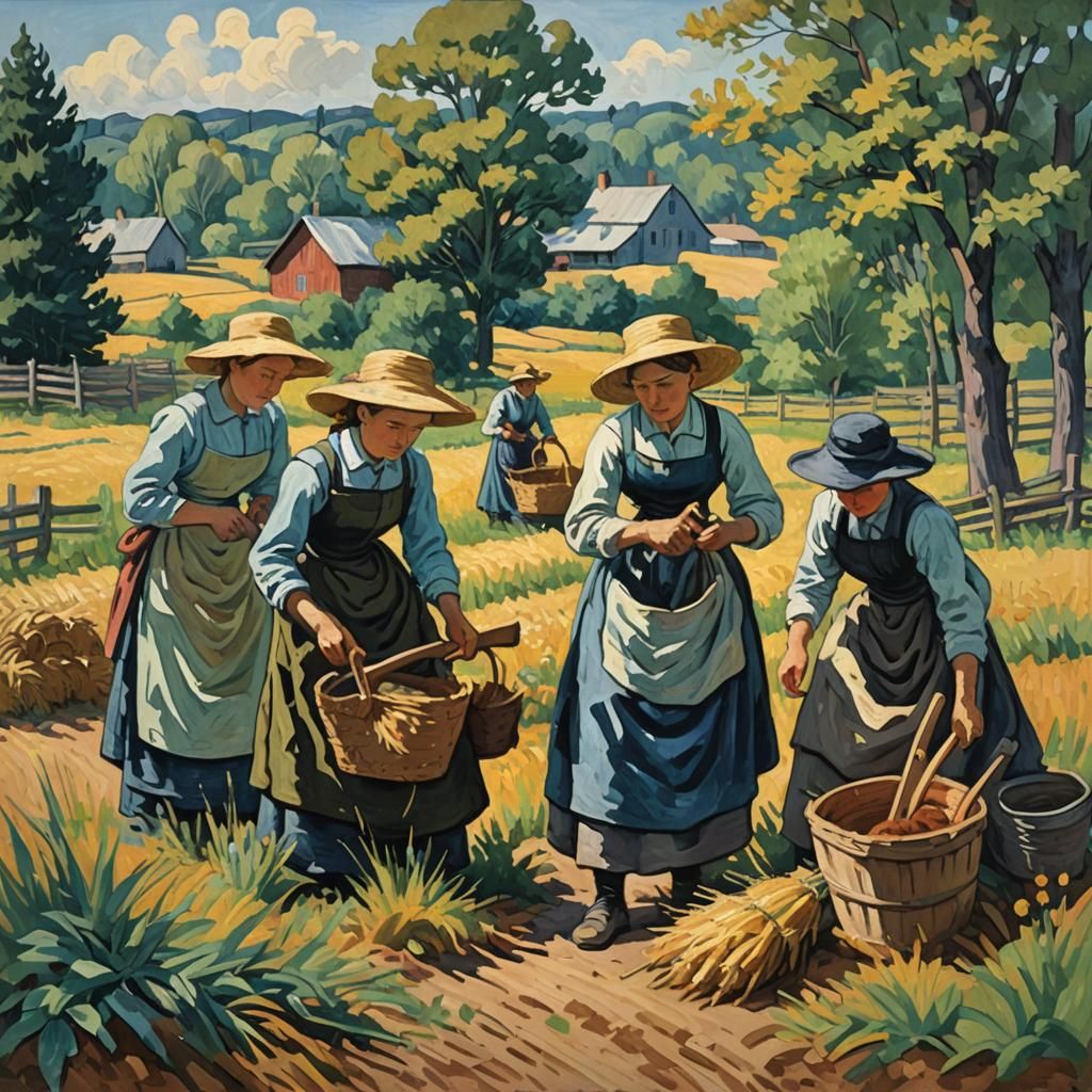 Rural American Women at Work: Gouache Impressionism