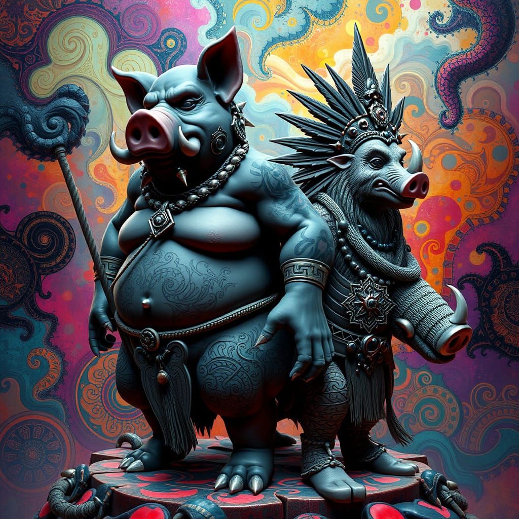 Tribal Boar Shaman and Tattooed Pig in 3D