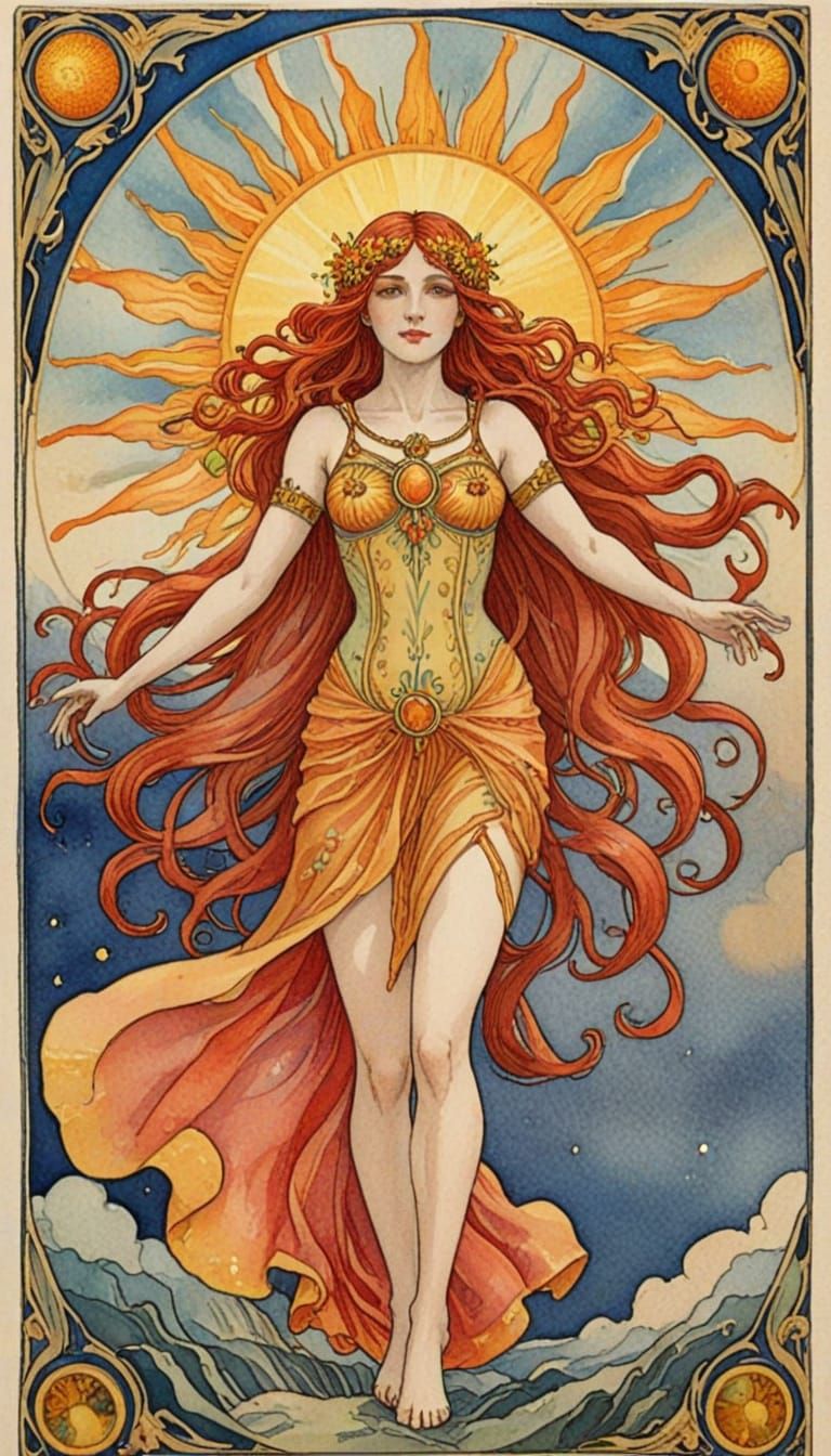Art Nouveau Watercolour Tarot Card Depicting The Sun