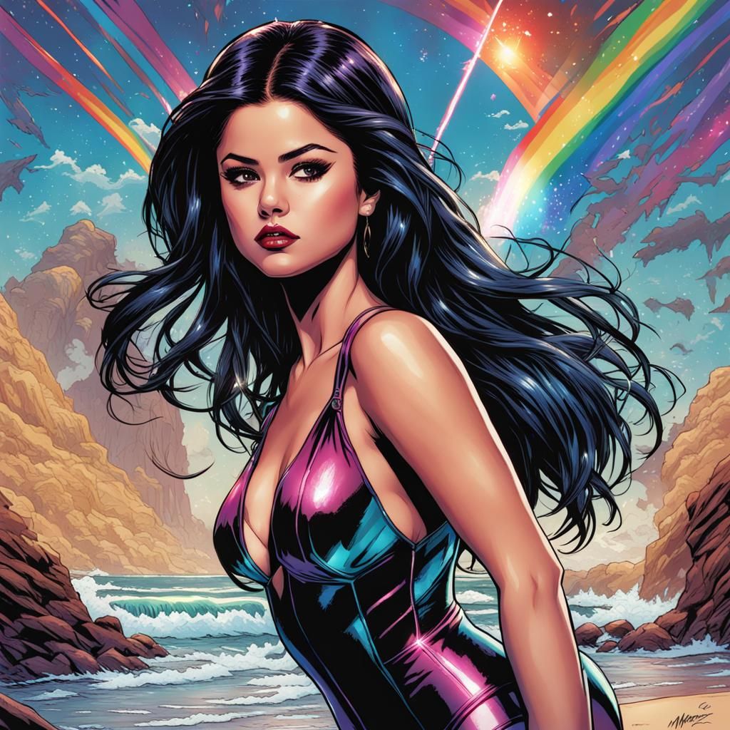 Selena Gomez in Rainbow Swimsuit: Comic Book Art