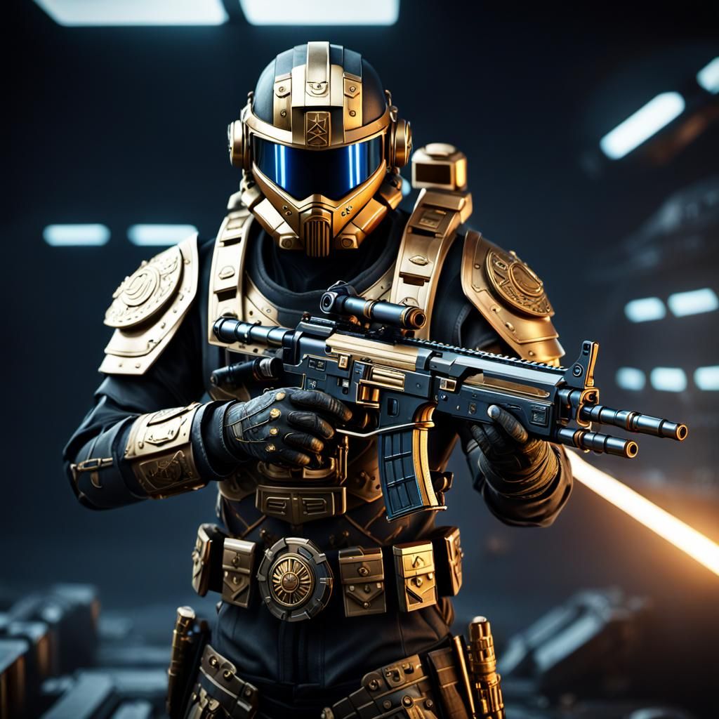 Cyberpunk Warrior in Battle Gear with High-Tech Gun