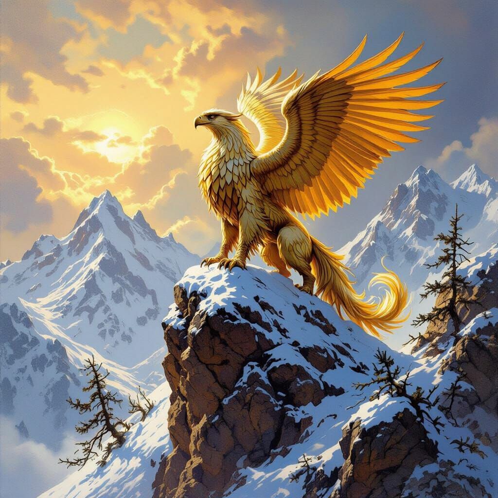 Griffin on Snow-Capped Peak in Fantasy Art Style