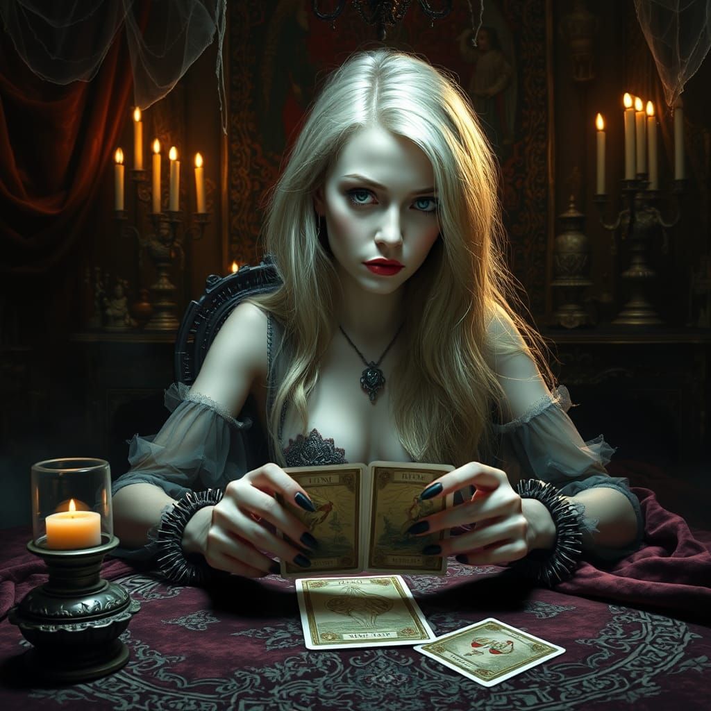 Mystical Woman Reading Tarot in Gothic Setting