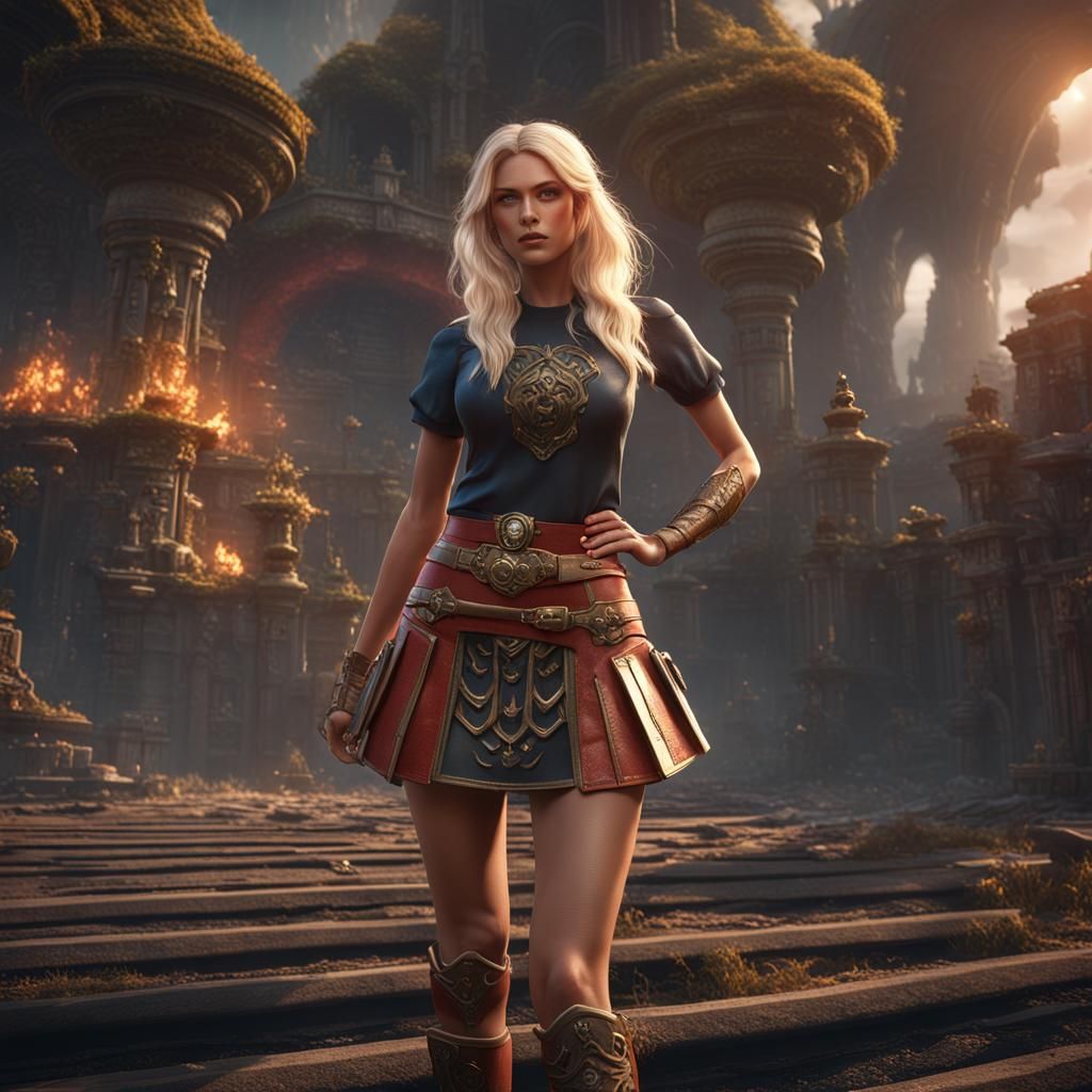 Blonde Model in Miniskirt: Detailed Matte Painting