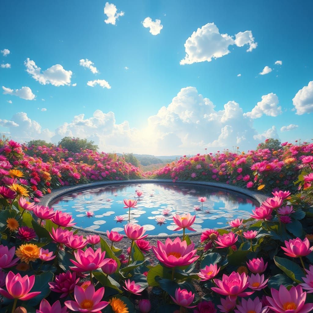 Heavenly Garden with Exotic Flowers, in 3D Style