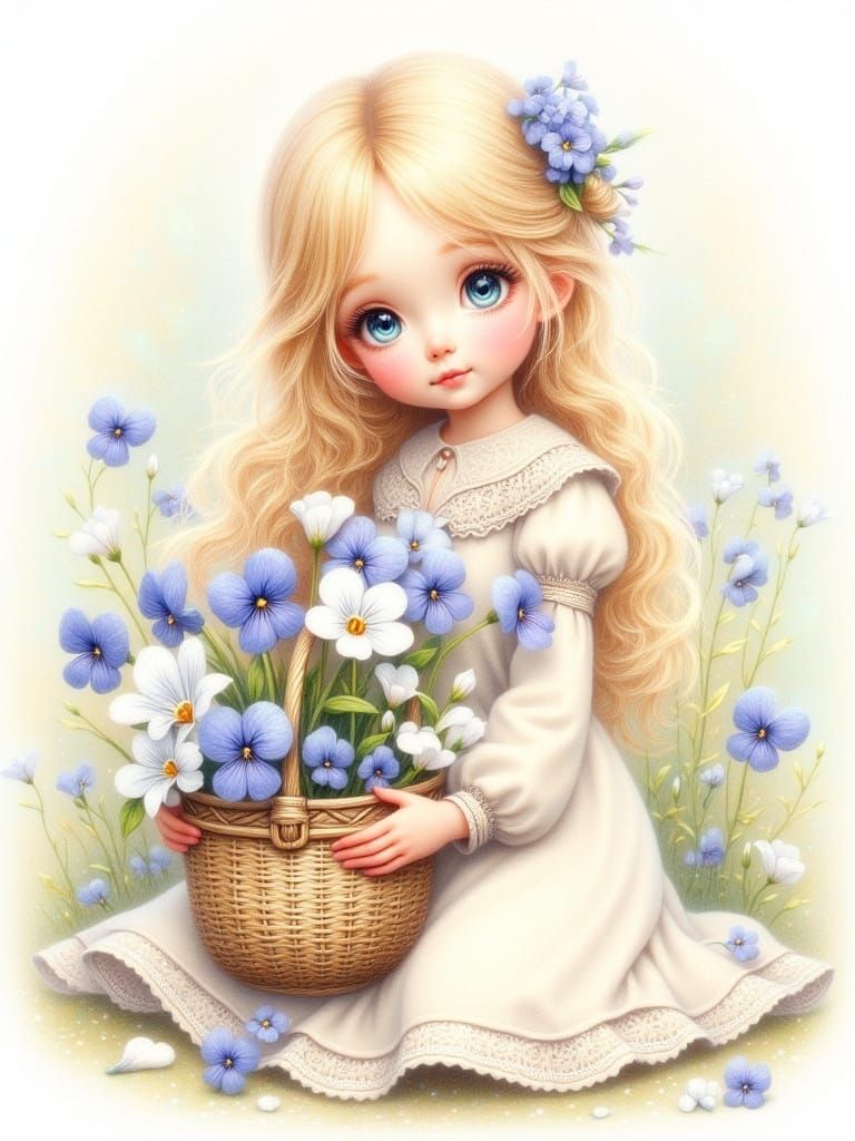 Girl with Flower Basket in Beatrix Potter Style