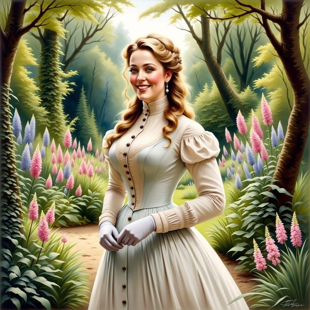 Victorian Woman in Botanic Garden, Watercolor Style