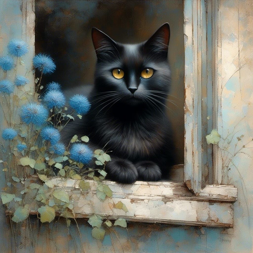 Whimsical Black Cat Portrait with Prismatic Eyes