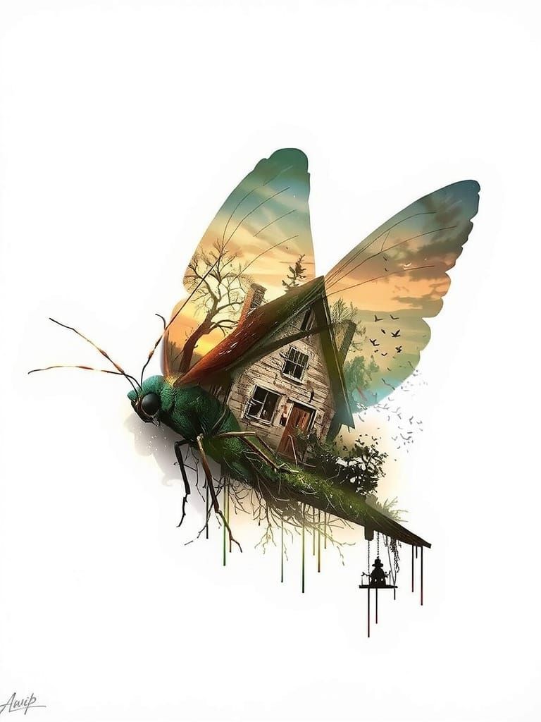 Double exposure of a Delicate moth in soft focus, double exposed over a rustic old farmhouse with weathered wooden beams...