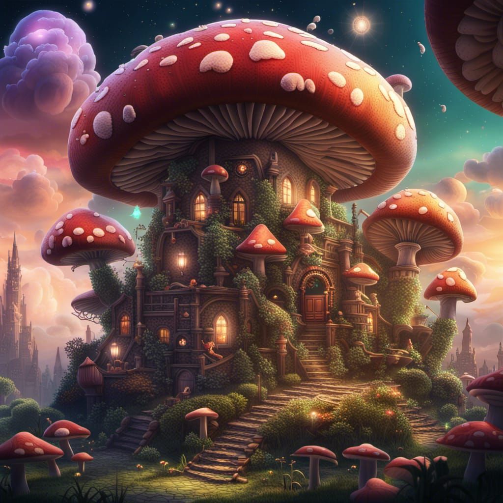 Enchanted Mushroom Kingdom with Dark Magic Illustration