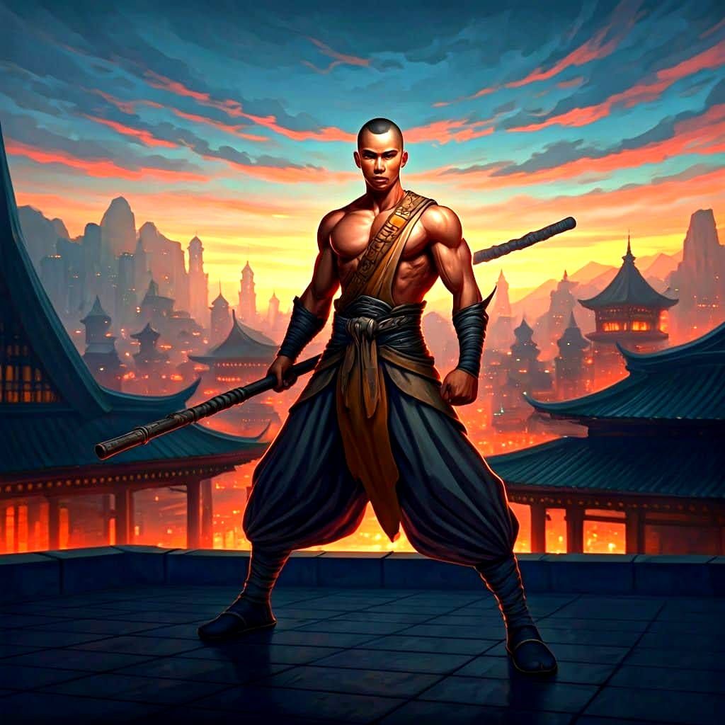 Warrior Monk Overlooking Fantasy City Rooftop
