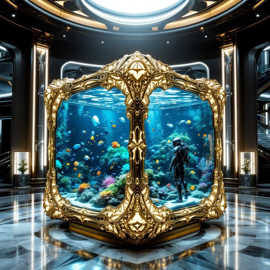 Golden Filigree Aquarium in Futuristic Museum