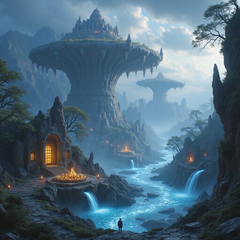 Epic Fantasy Realm with Floating Islands and Ancient Beasts