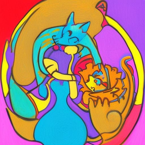 Person Holding Cat, Dragon on Mountain: Abstract Art