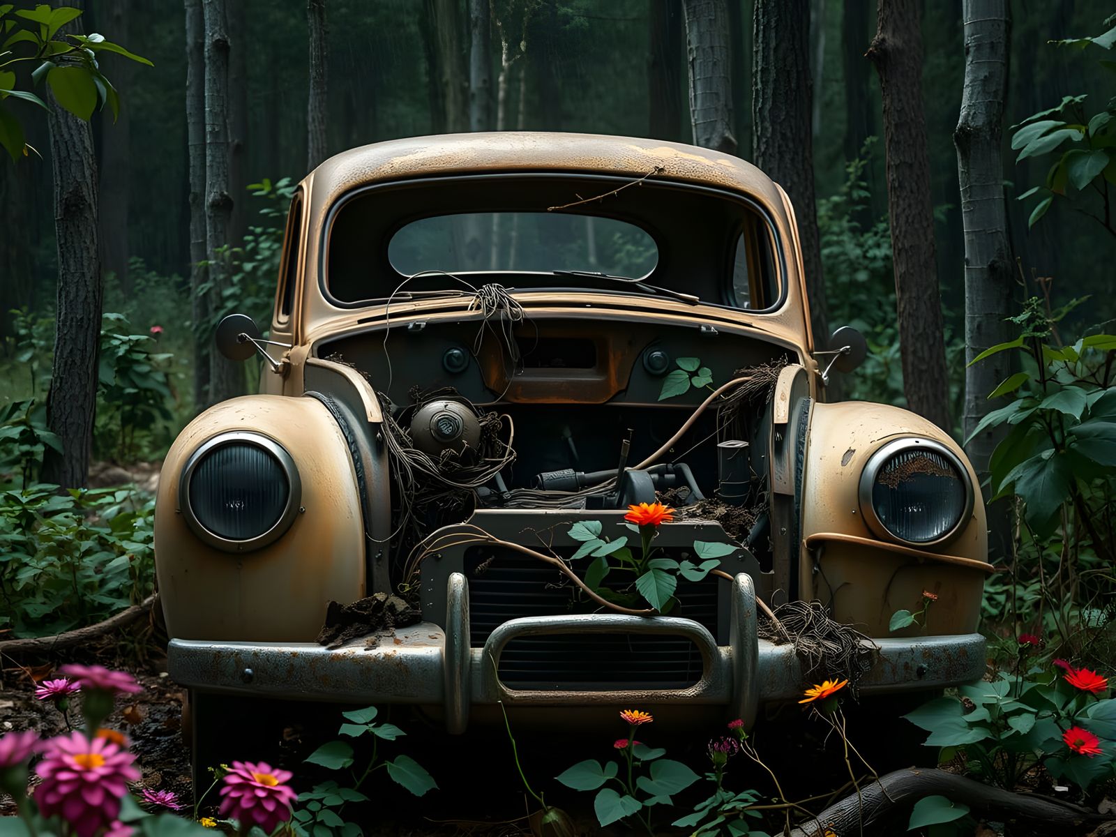 Vintage Car Skeleton Reclaimed by Forest