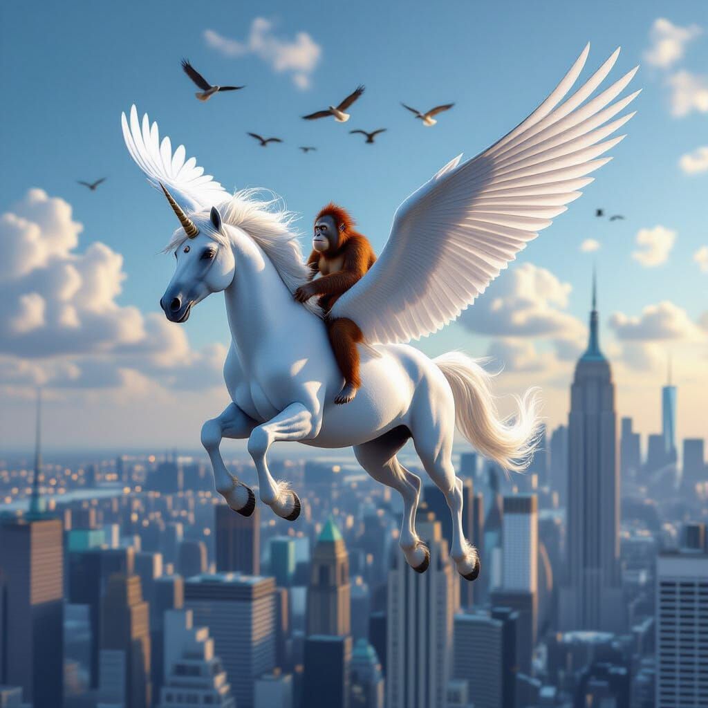 Realistic Pegasus with Orangutan Rider Over Futuristic NYC