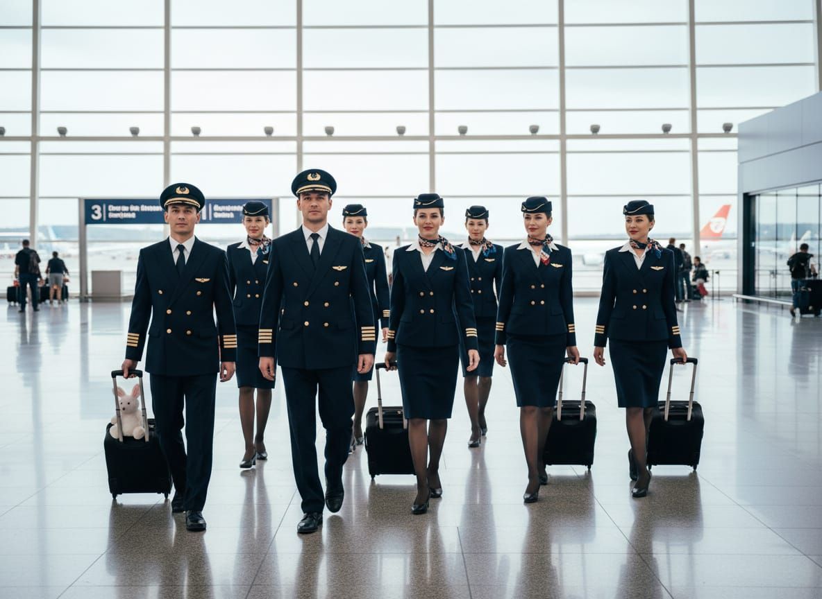 Pilots and Stewardesses on Airport Concourse in Photorealist...