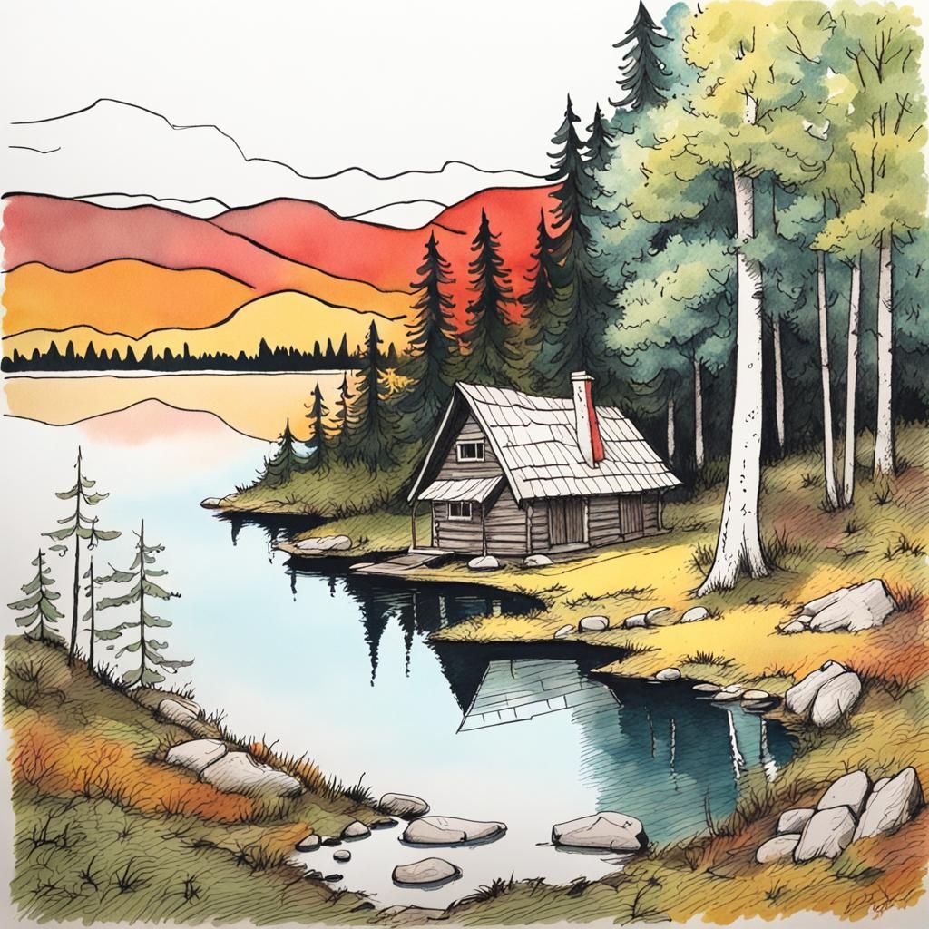 Ink drawing of a hut in the woods near a lake