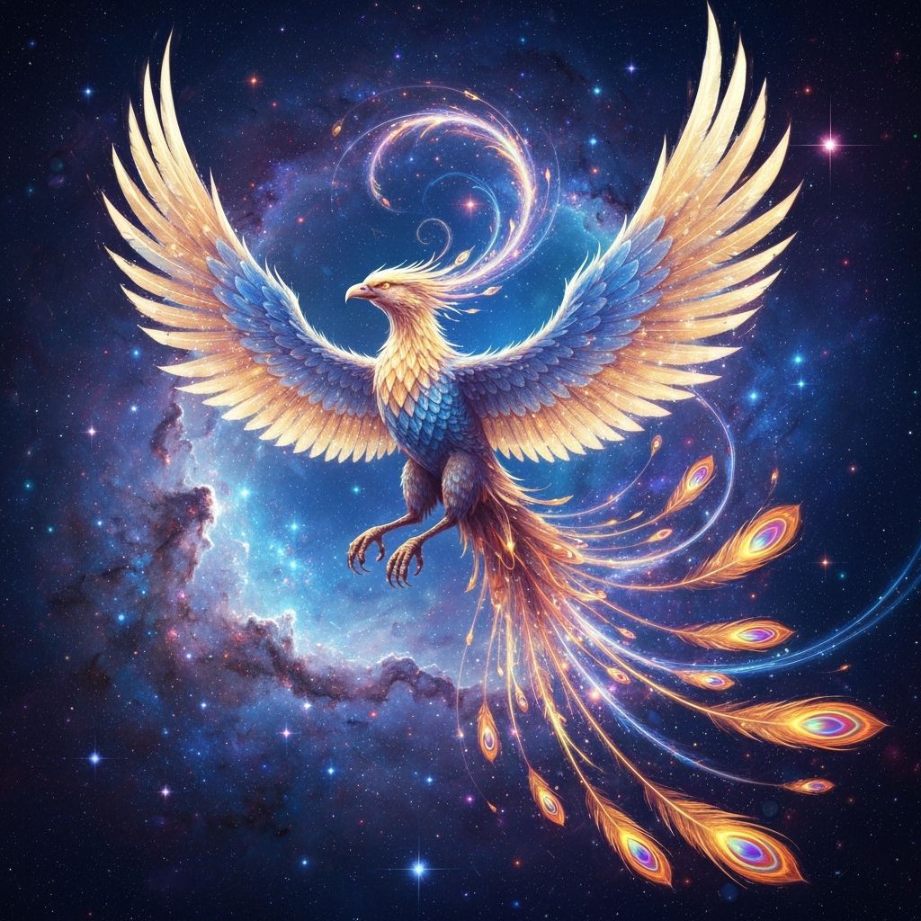 Celestial Fractal Phoenix Soaring Through Nebula