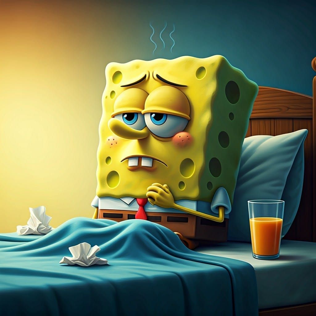 SpongeBob Sick in Bed: 3D Digital Art