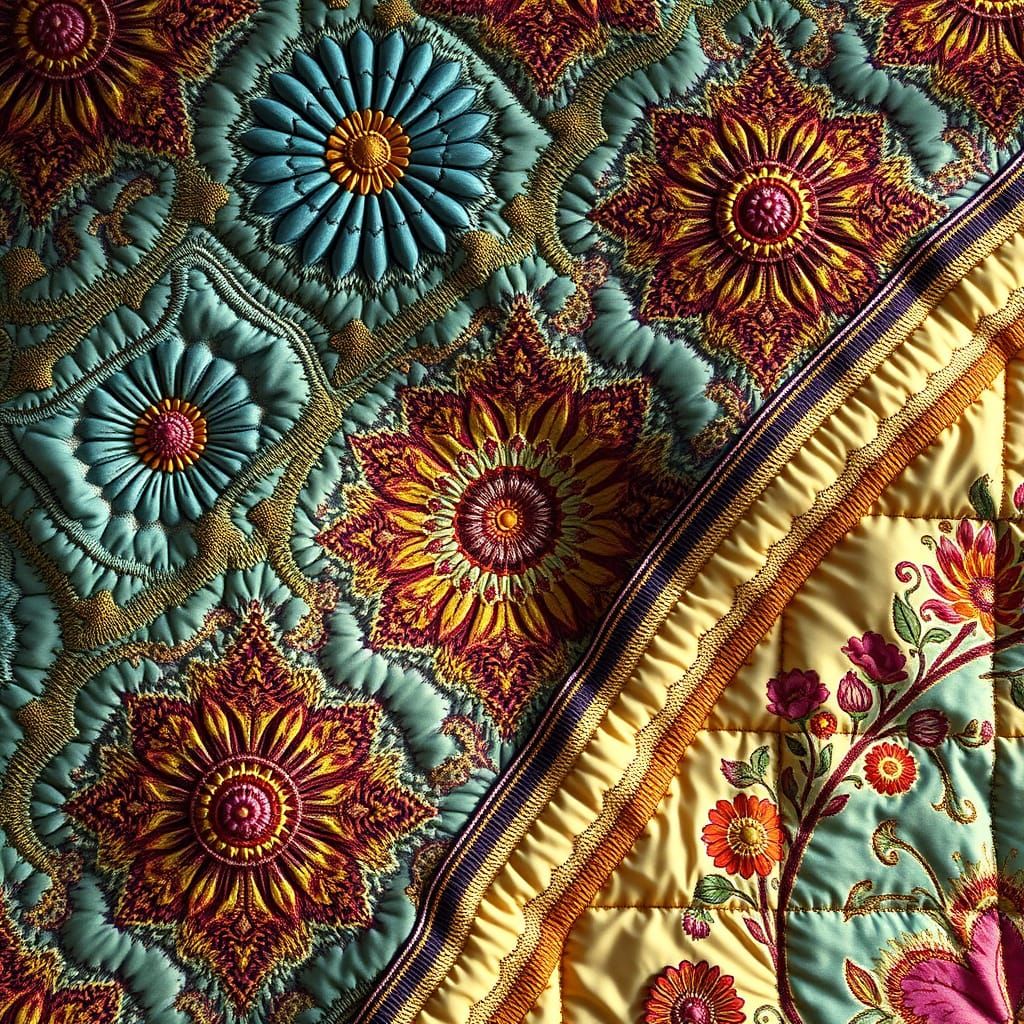 Hyperrealistic Quilt with Fauvist Colors and Gold Thread