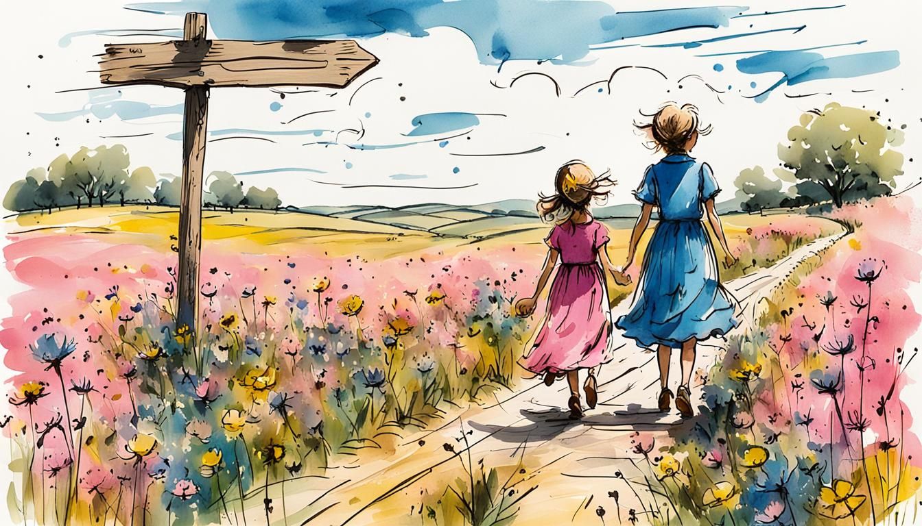 Summer Meadow Signpost Illustration in Quentin Blake Style