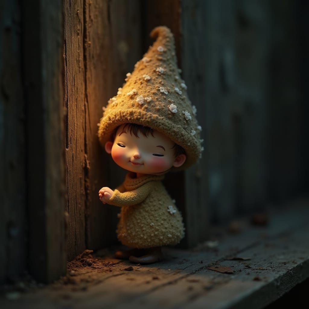 Mushroom Munchkin Peek in Photorealistic Style