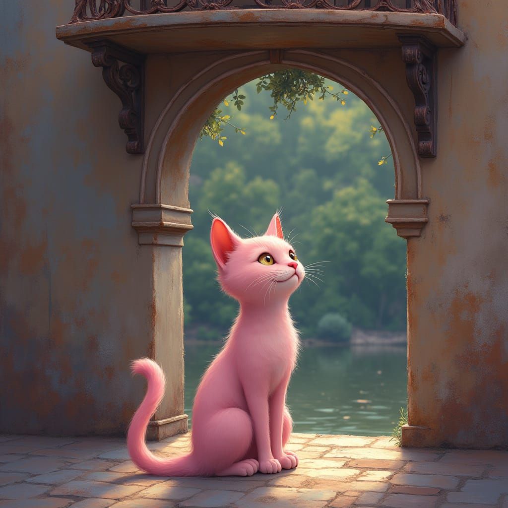 Pink Cat's Romantic Serenade: A Matte Painting