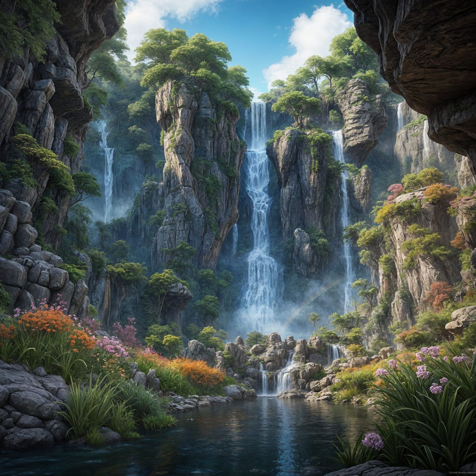 Waterfalls and Ancient Ruins in a Vale