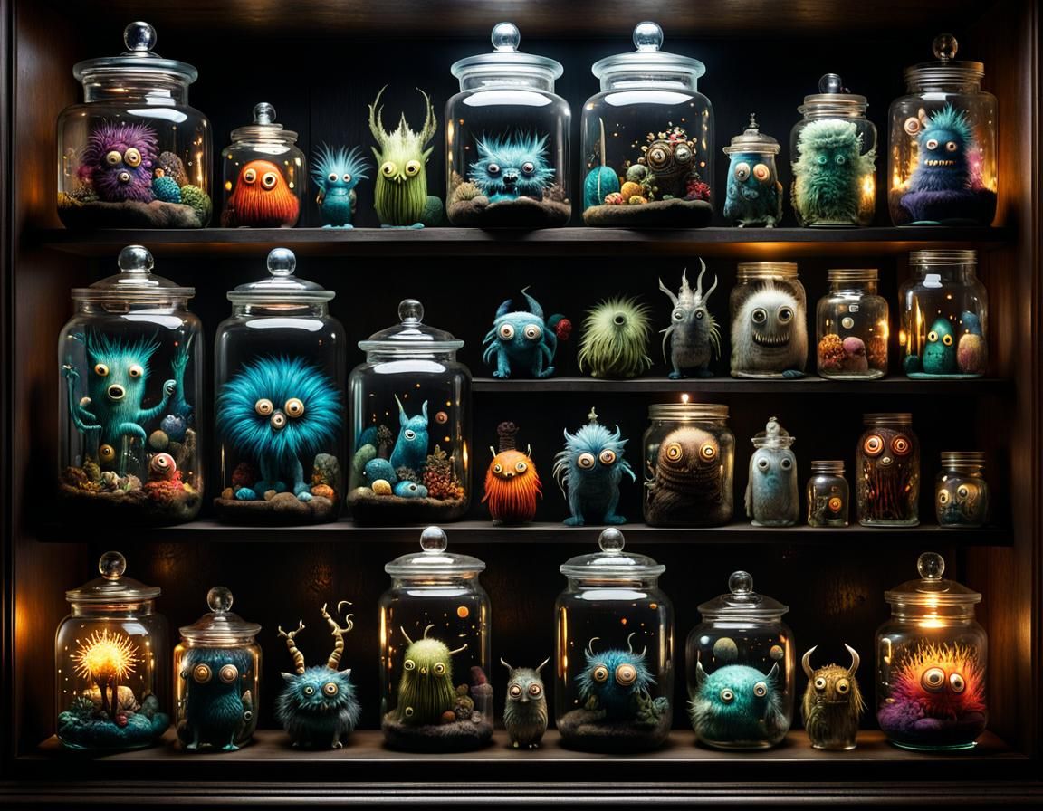 Cute Monsters in Jars, Whimsical Fantasy Art