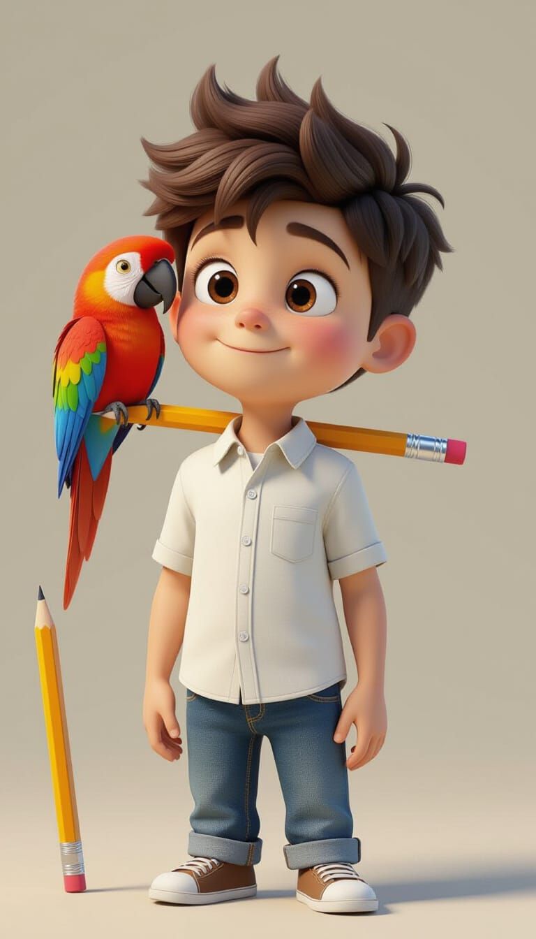 3D Boy with Parrot in Pixar Style