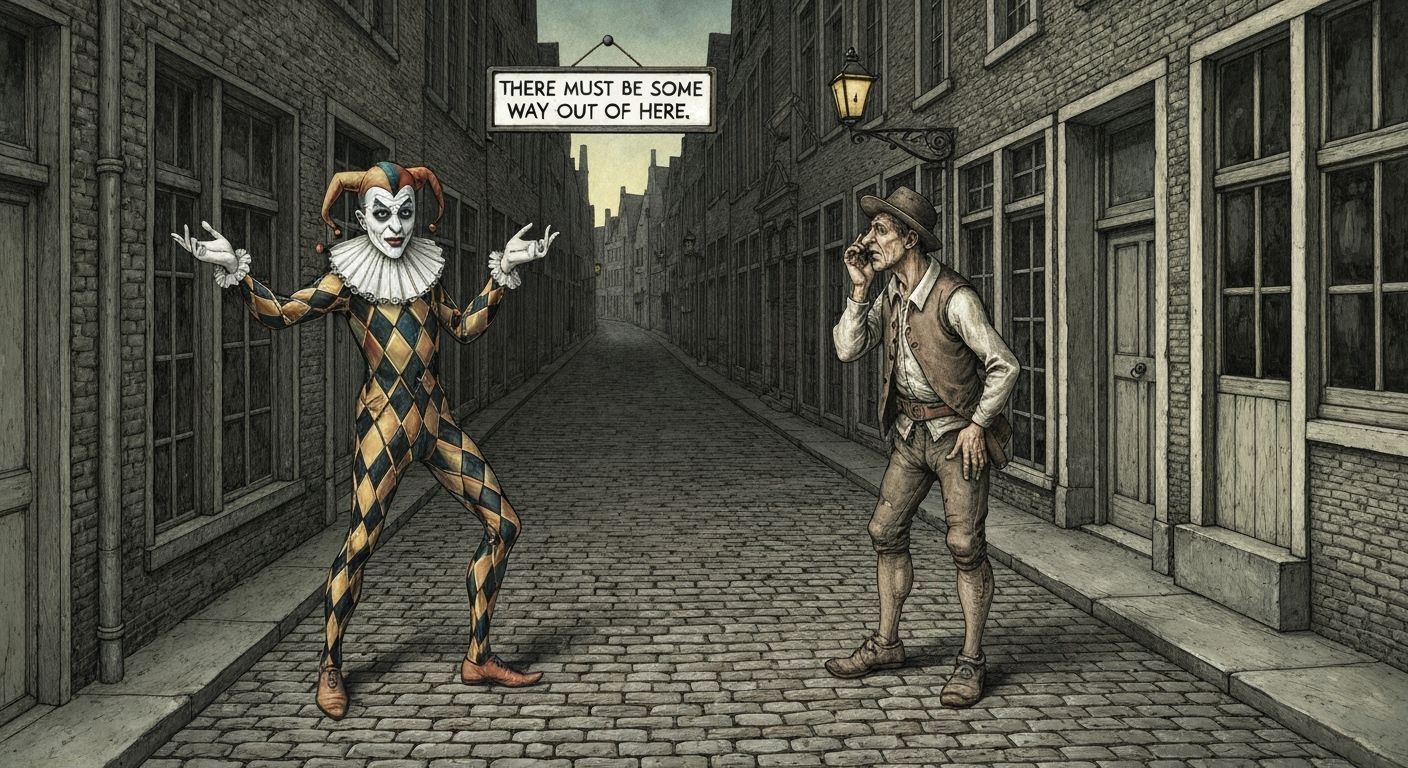Surreal Belgian Street Scene with Harlequin and Thief