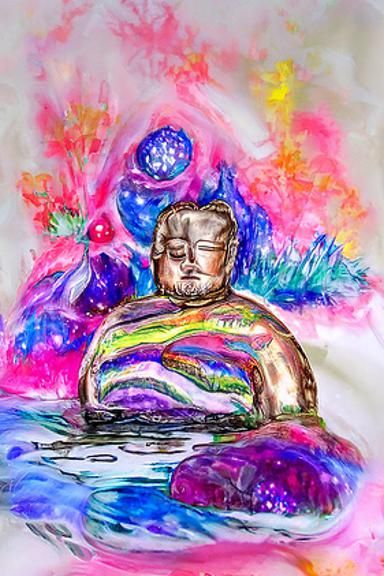 Buddha Meditating by River in Astral Watercolor