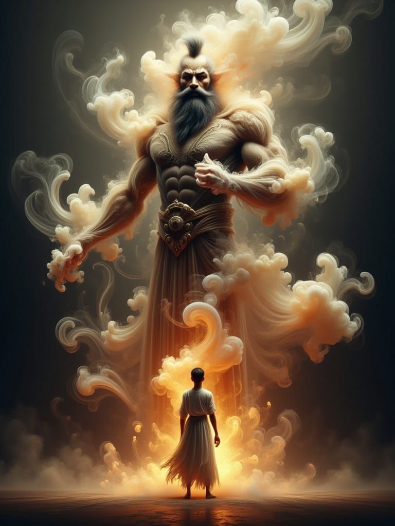 Aladdin Meets a Colossal Genie in a Maelstrom of Smoke and F...