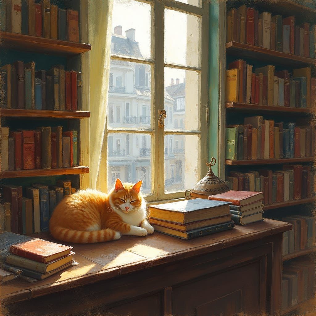 Parisian Bookshop with Sleeping Cat in Impressionist Style