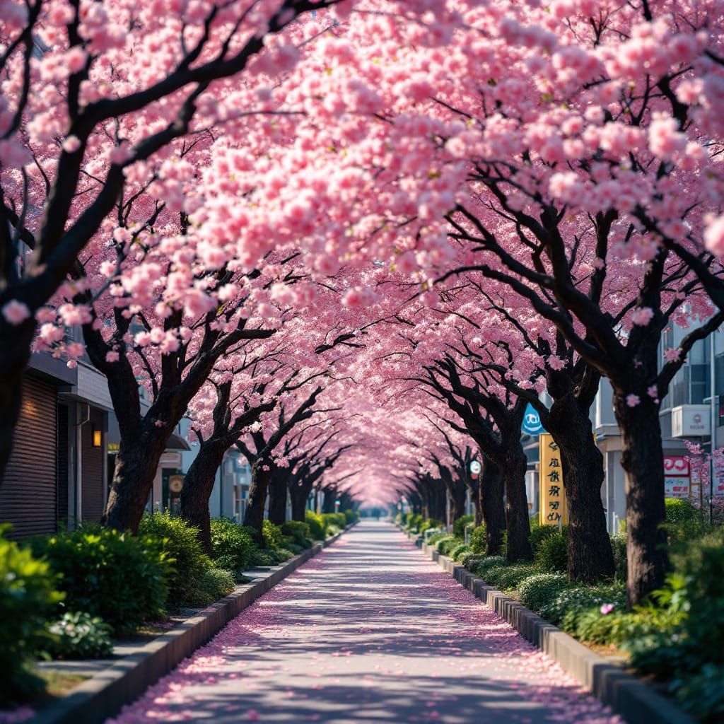 Tokyo Street with Peach Blossoms in Bloom