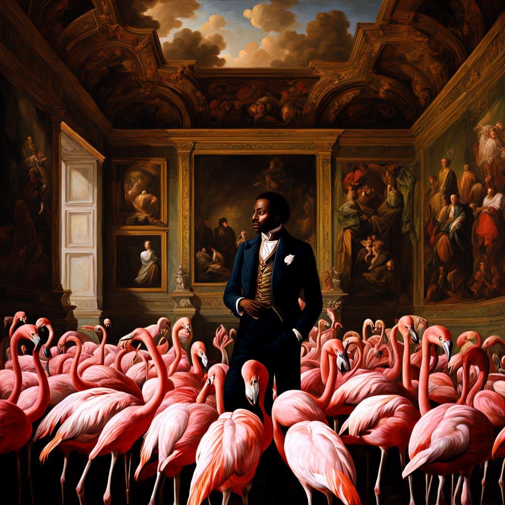 Dark-Skinned Gentleman Amidst Vibrant Flamingos in Baroque O...