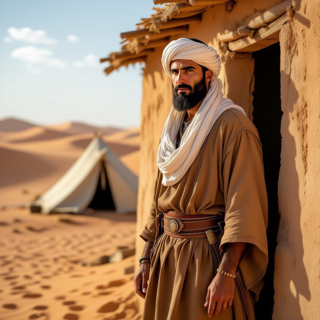 Bedouin Man in Desert Village, Hyperrealistic Digital Art