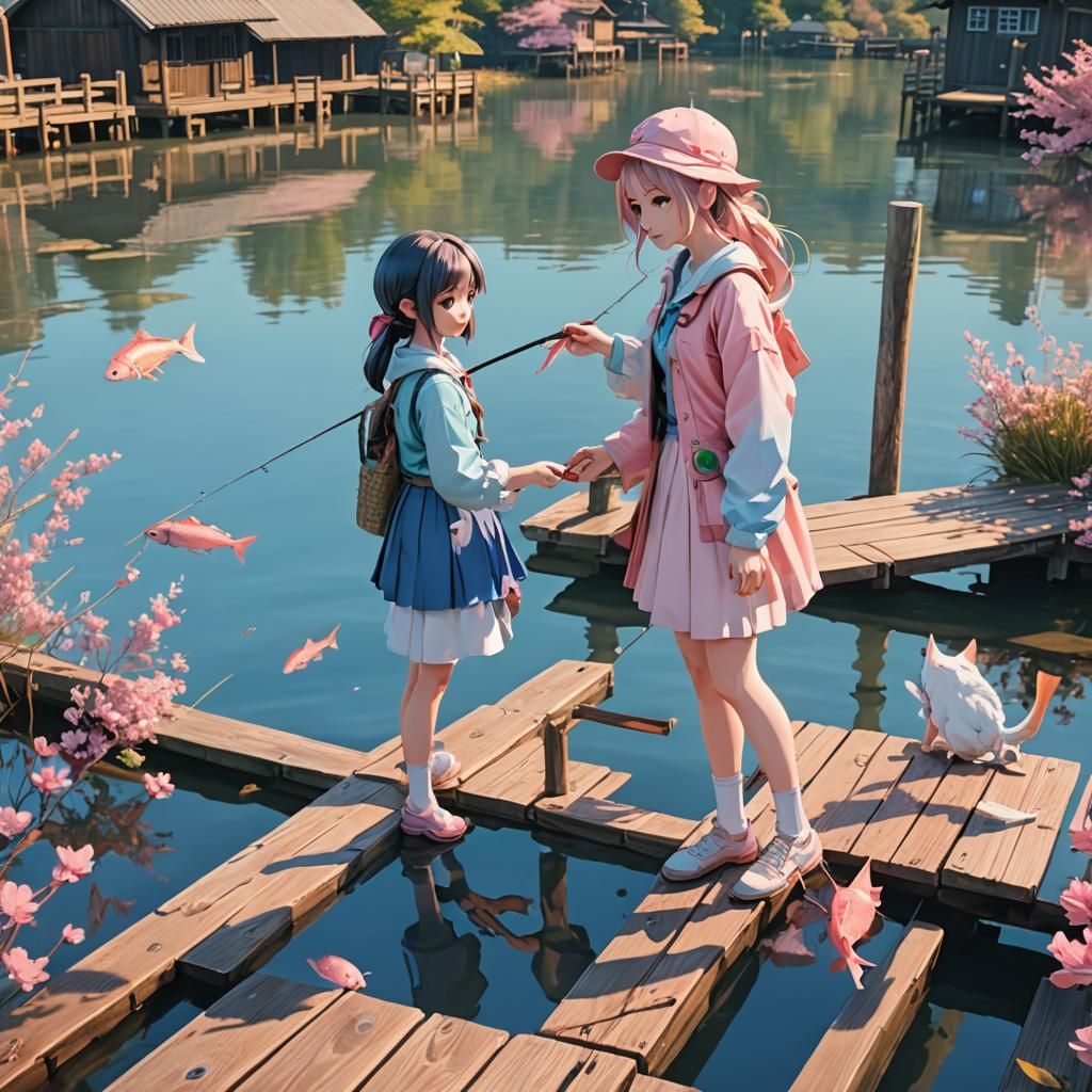 Anime Girls Fishing: 3D Art with Japanese Flair