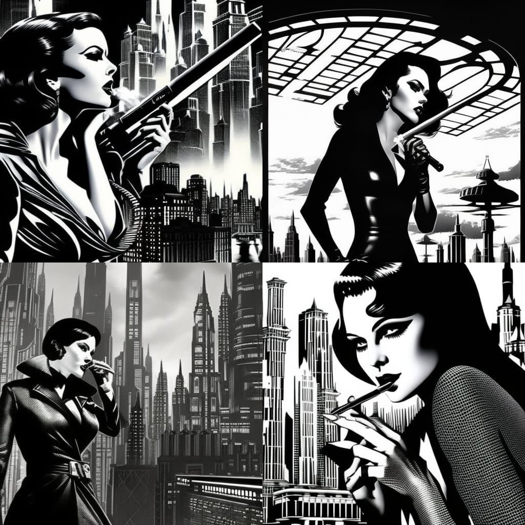 Woman Smoking in a Futuristic City: Film Noir Comic Art