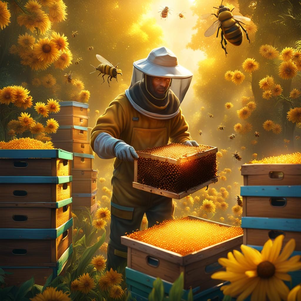 Realistic Beekeeper Collects Honey in Summer