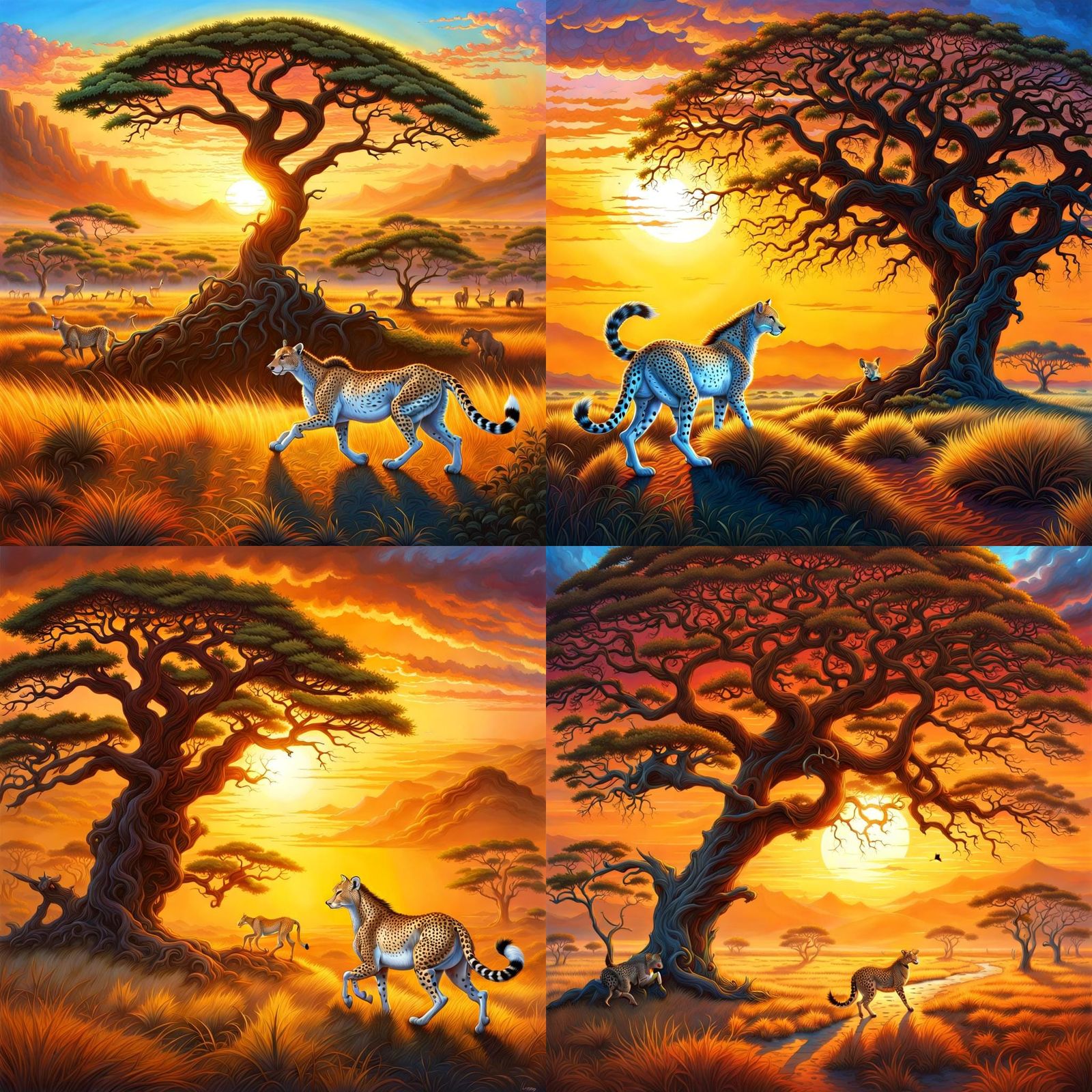 Cheetah Chase on African Plains in Detailed Line Art