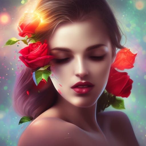 woman, roses, mysterious, flickering light