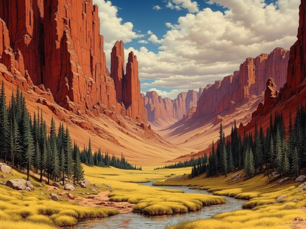 Martian Pillars Above Alien Forest, Digital Art