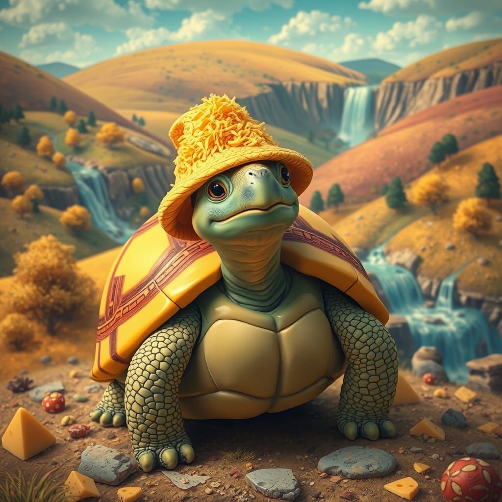 Cheese Tortoise in a Whimsical Cheese Landscape