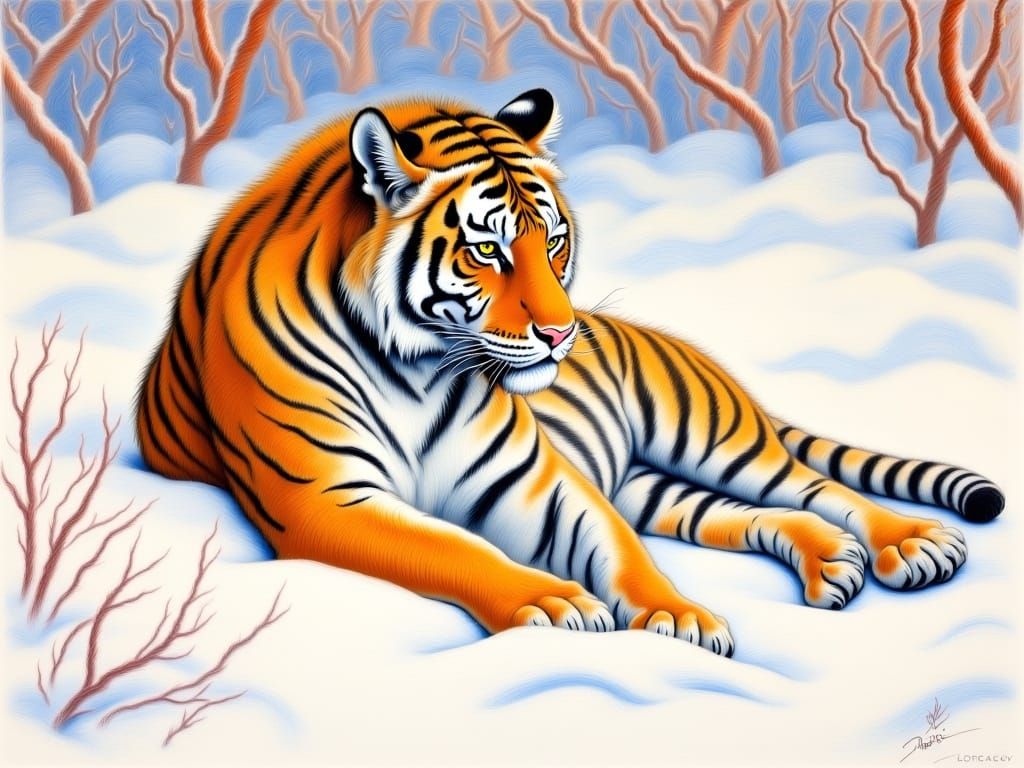 Pastel Siberian Tiger resting and enjoying a moment of calm in the snow